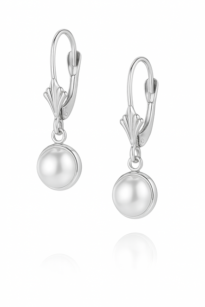 14k Yellow or White Gold Leverback Dangle White Natural Pearl Earrings