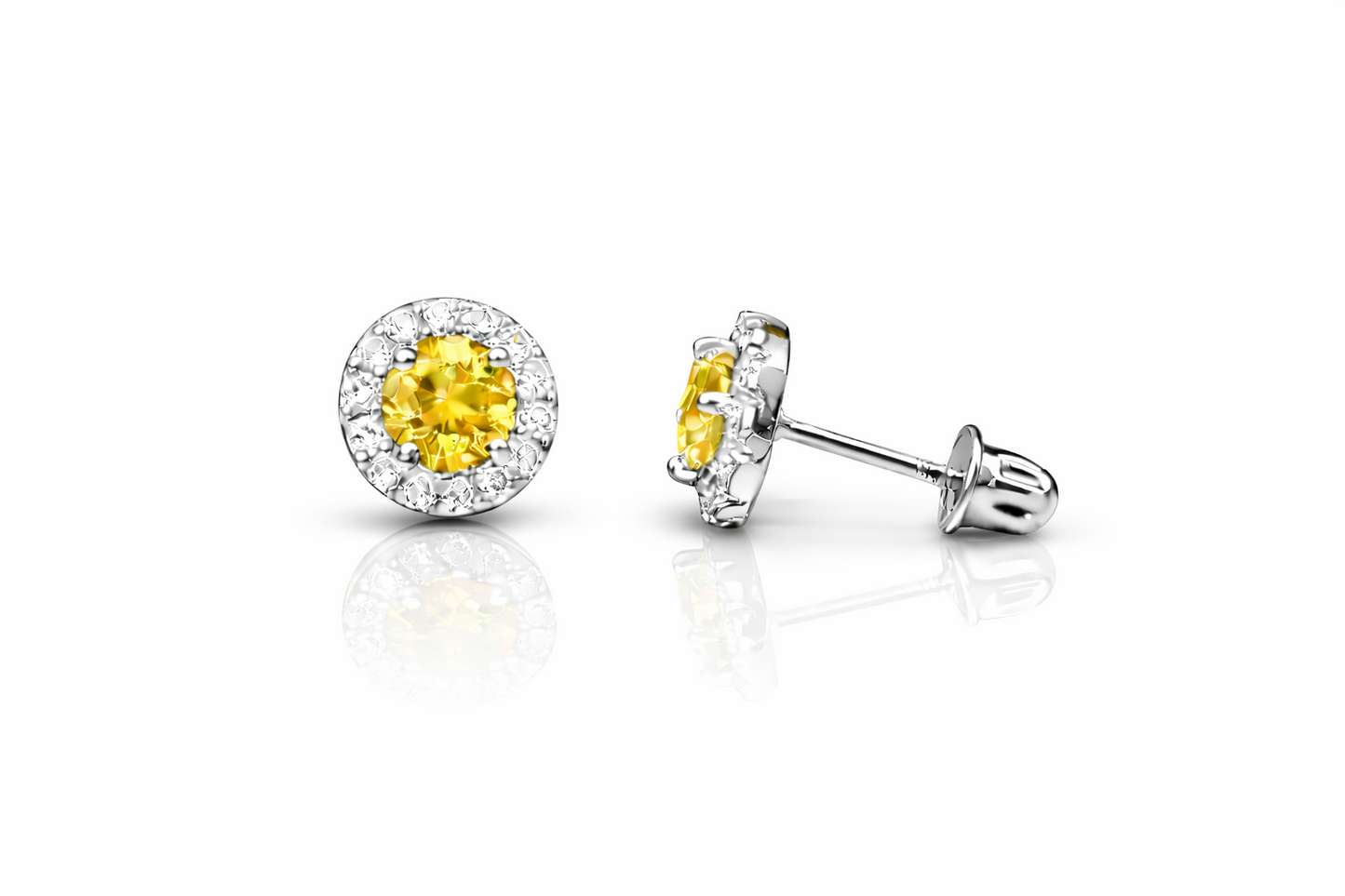 14k White Gold Halo Stud Earrings with Screw  Back