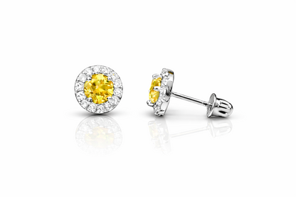 14k White Gold Halo Stud Earrings with Screw  Back