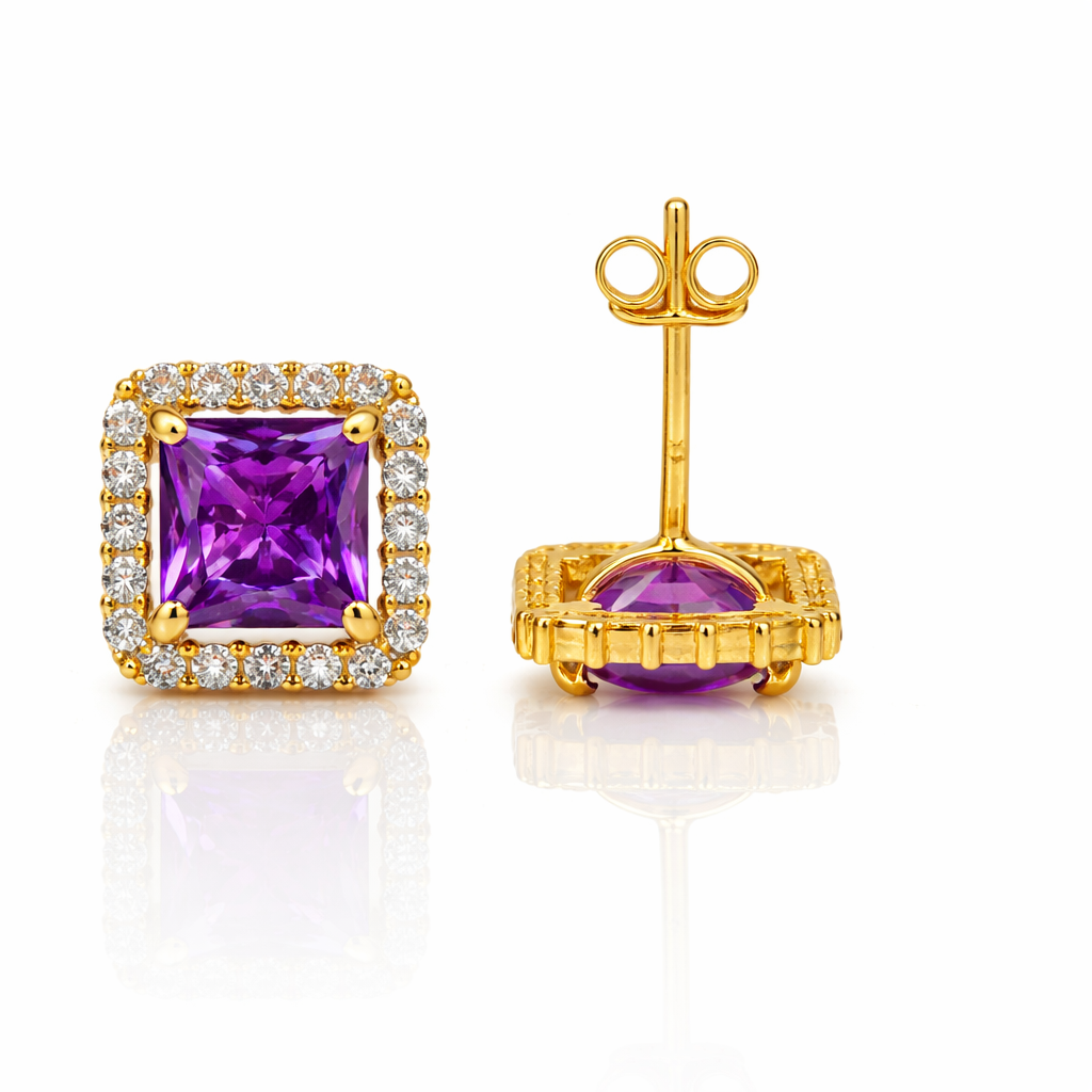 14k Yellow and White Gold Cushion Stud Earrings with Push Back