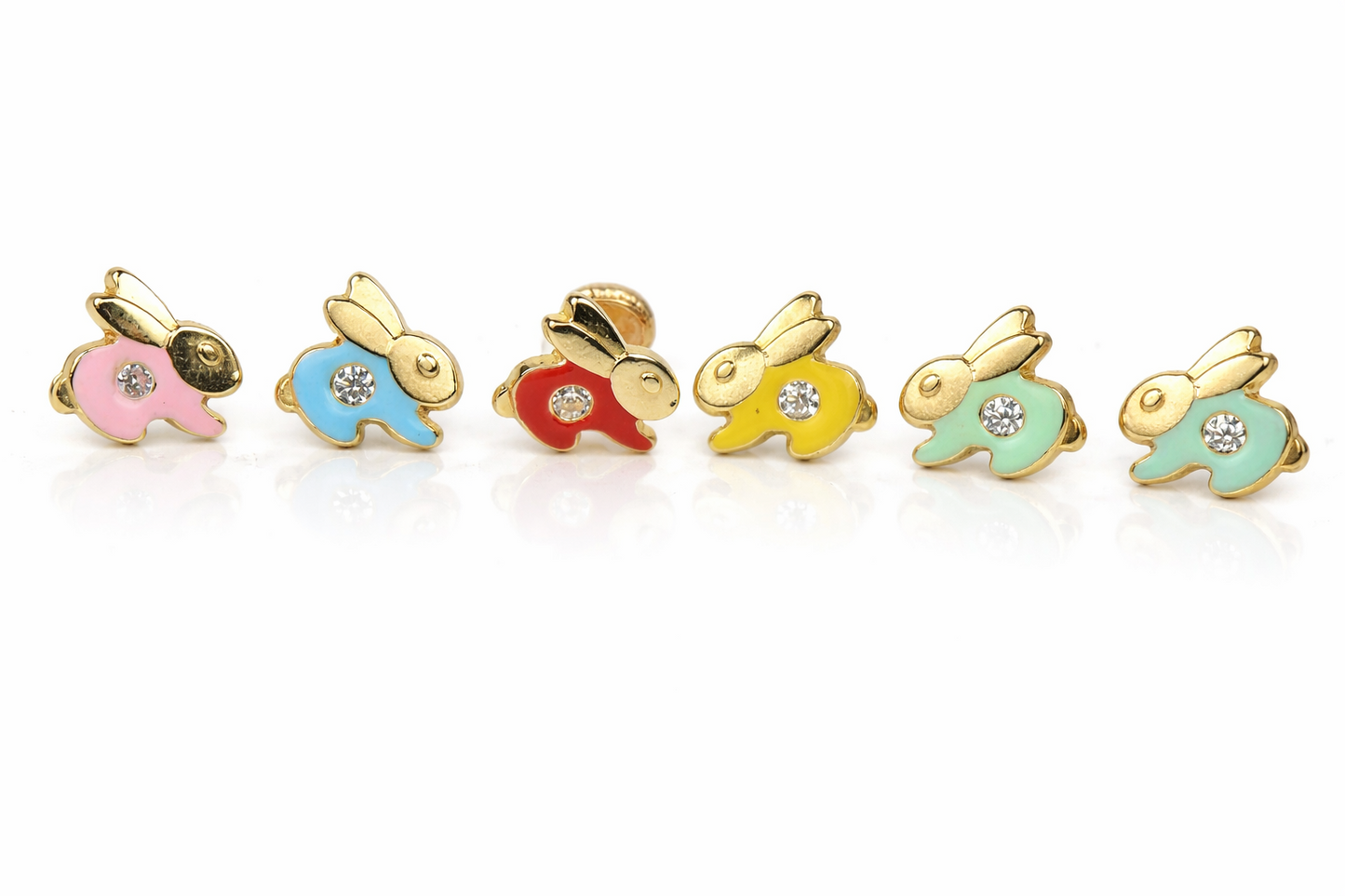 14k Yellow Gold Enamel CZ stud Rabbit screw back earrings