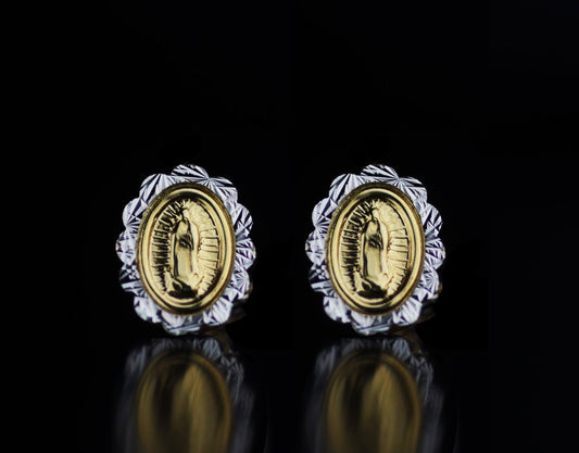 14K Gold Guadalupe Virgin Mary Screw Back Stud Earrings Multi-tone