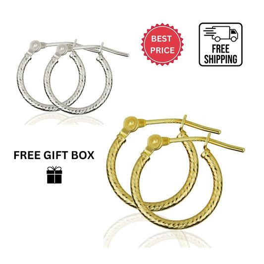 14k Yellow or White Gold Diamond Cut Hoop Earrings