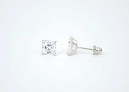 14k White Gold Square Princess Cut CZ Stud Earrings with screw back 3-7mm