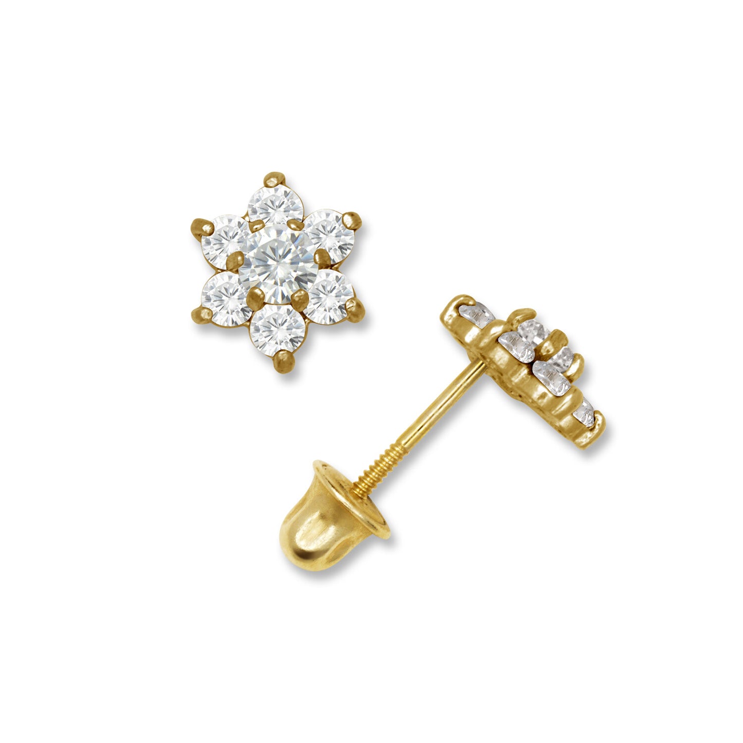 14k Yellow Gold CZ Flower Birthstone Stud Screw Back Earrings