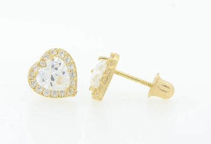 14K Yellow Gold Halo Heart CZ Stud Earrings Screw Back