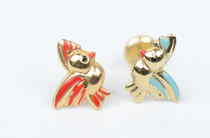 14k Yellow Gold Beautiful Enamel Bird Baby Earrings, Screw Back