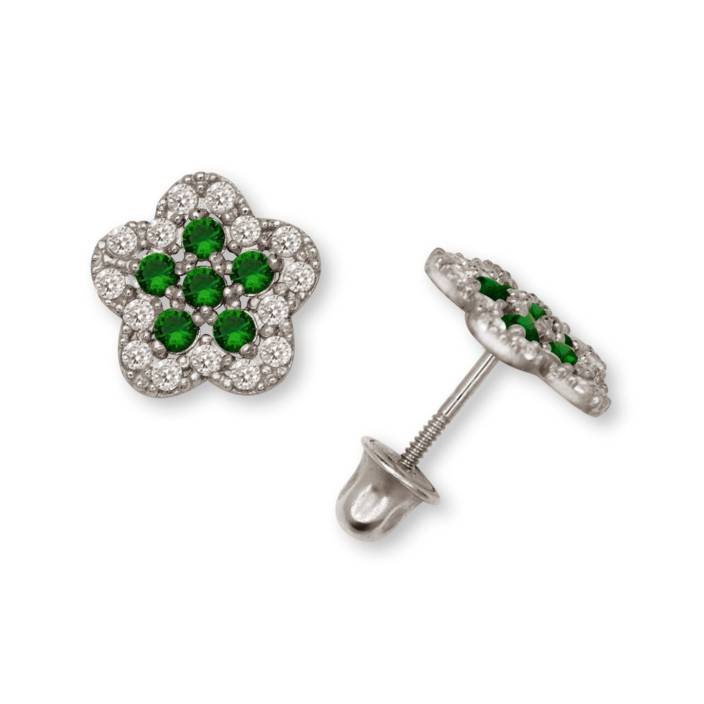 14K Yellow & White Gold Beautiful CZ Flower Earrings for Girls