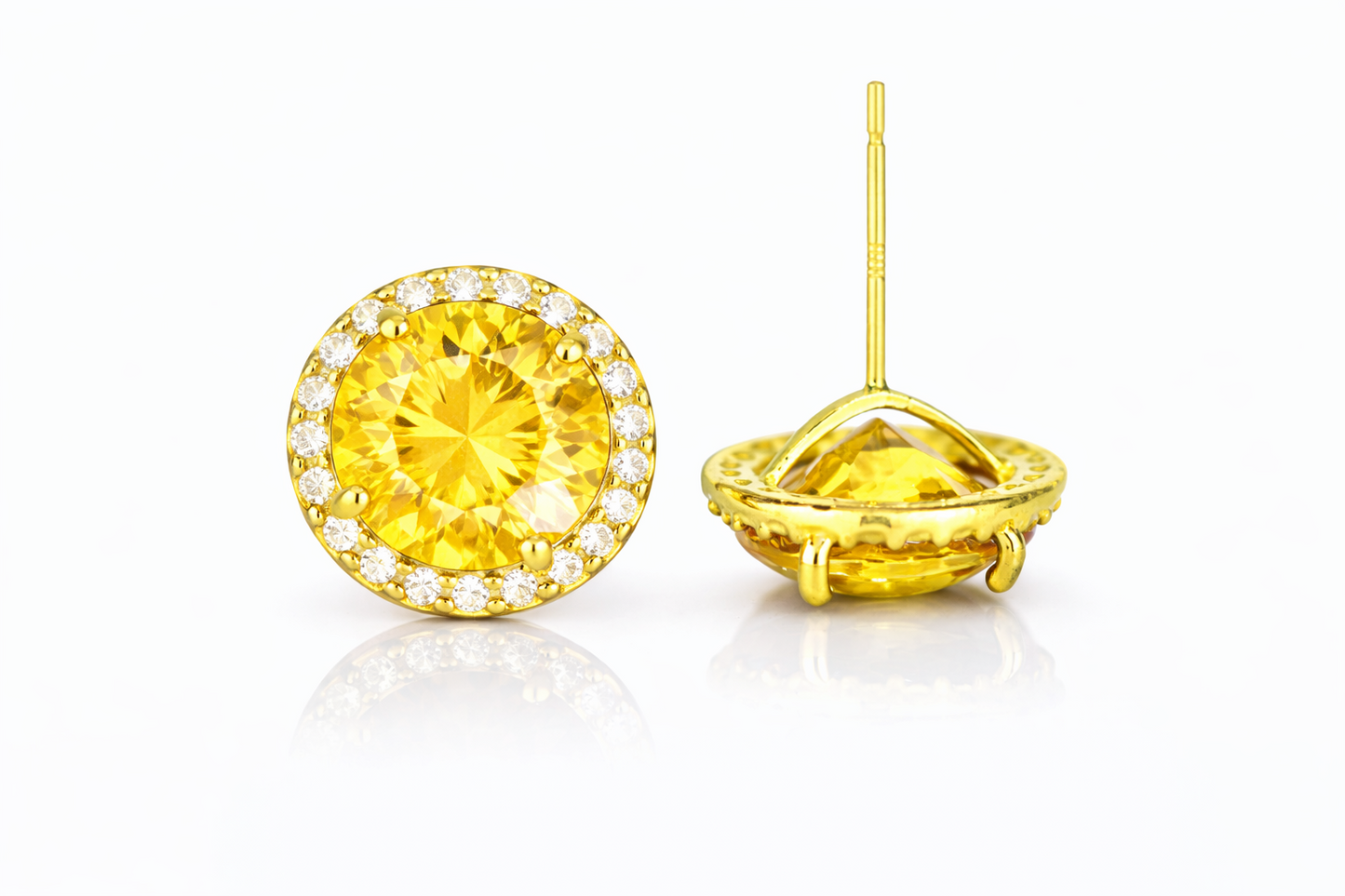 14K Yellow Gold 10mm Round Halo CZ Stud Push Back Earrings
