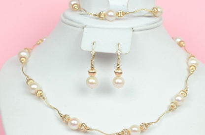 14k Yellow Gold Charming Genuine White Pearls Necklace, Bracelet, Earrings Set