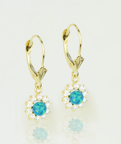 14k-Yellow-Gold-Opal Flower-CZ-Dangle-Earrings