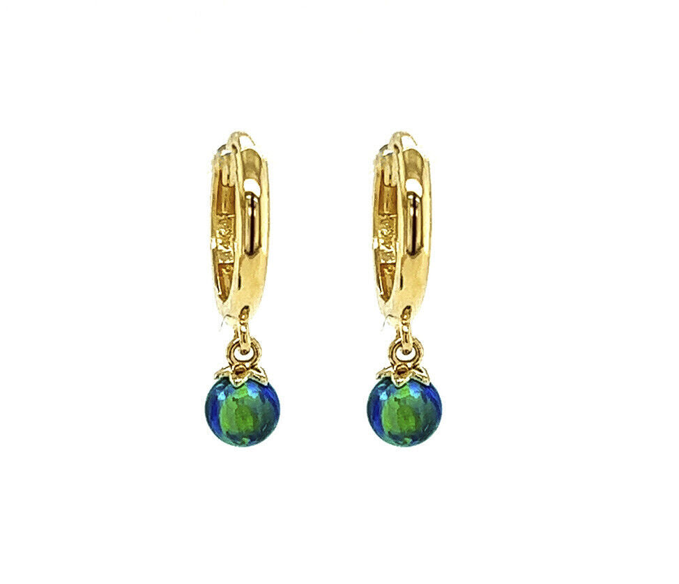 14k Yellow / White Gold Green Opal Huggie Dangle Earrings