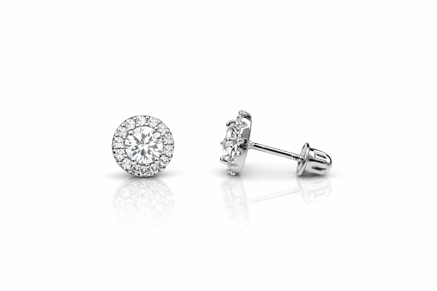 14k White Gold Halo Stud Earrings with Screw  Back