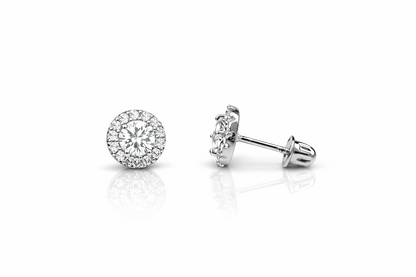 14k White Gold Halo Stud Earrings with Screw  Back