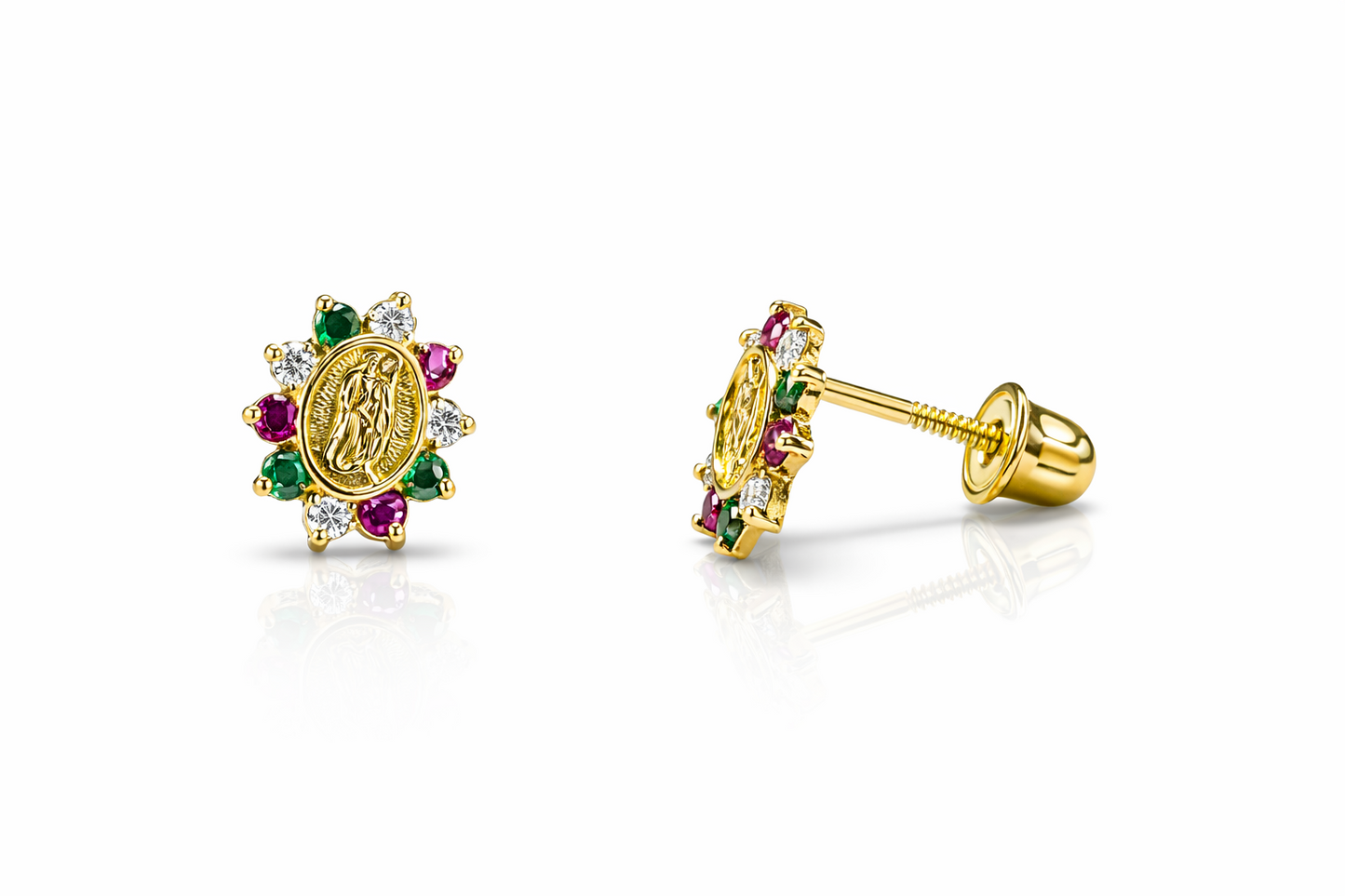 Solid 14K Yellow Gold Guadalupe Virgin Mary Screw Back CZ Stud Earrings