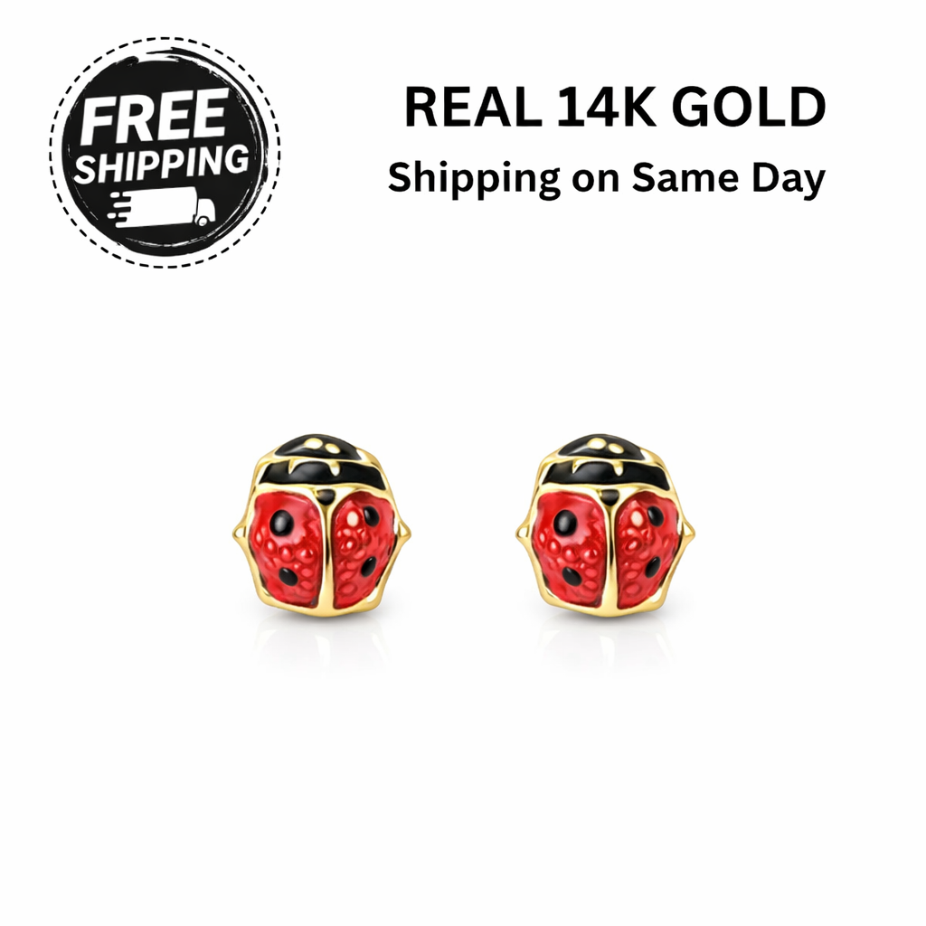 14k Yellow Gold Red and Black Enamel Lady Bug Baby earrings with Screw Back