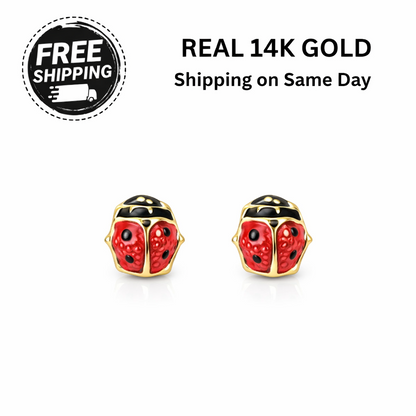 14k Yellow Gold Red and Black Enamel Lady Bug Baby earrings with Screw Back