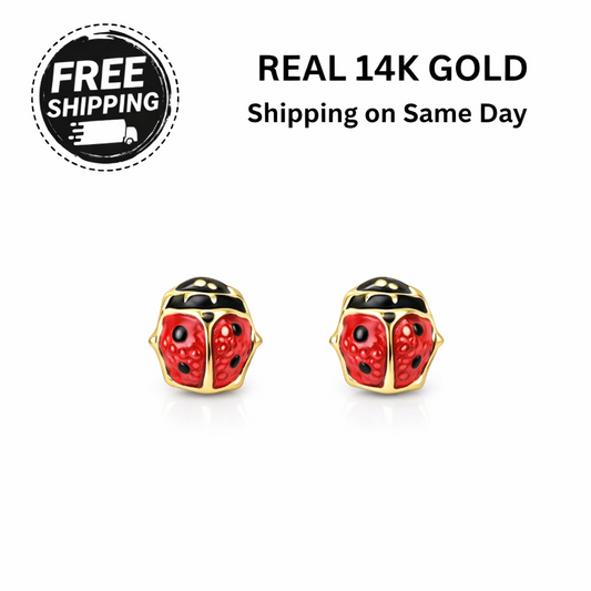 14k Yellow Gold Red and Black Enamel Lady Bug Baby earrings with Screw Back