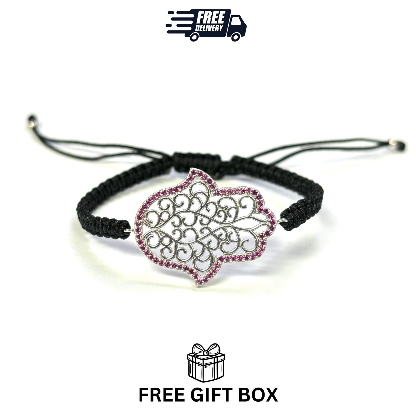925 Sterling Silver  C Z Hamsa Bracelet 6" Adjustable to 11"