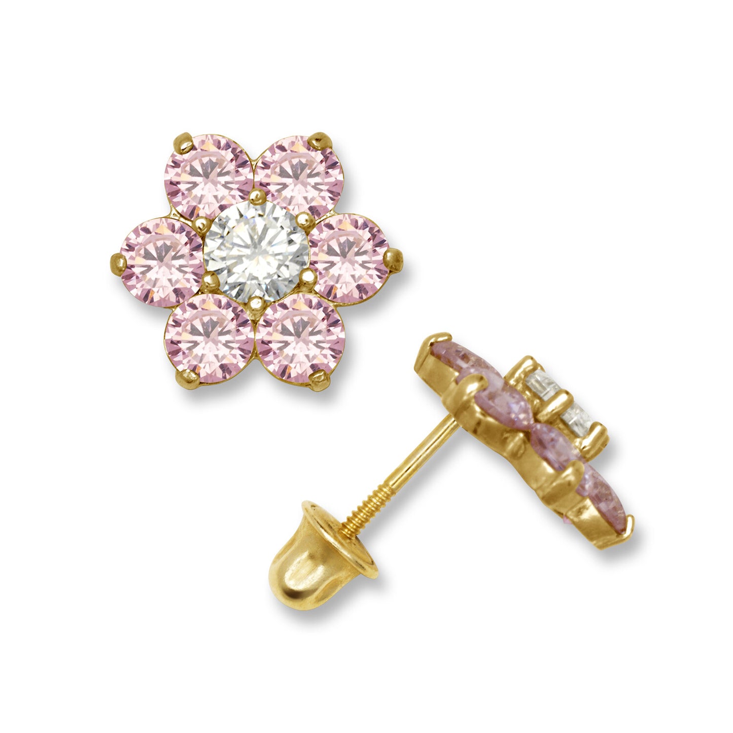 14k Yellow Gold CZ Flower Birthstone Stud Screw Back Earrings