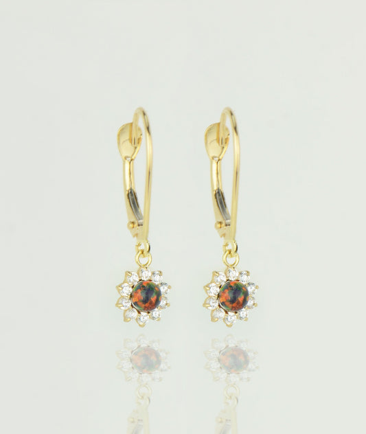 14k-Yellow-Gold-Opal Flower-CZ-Dangle-Earrings