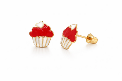 14k Yellow Gold Enamel Cup-Cake Screw Back Earrings