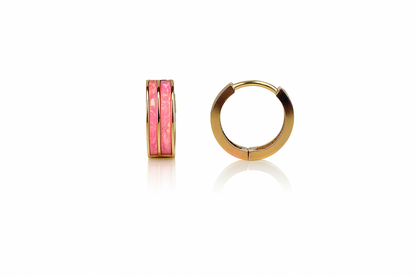 14k Yellow Gold Double Row Hot Pink Opal Huggie Hoop Earrings
