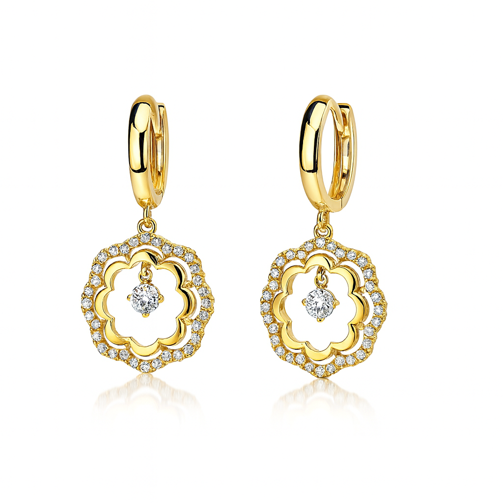 14k Yellow / White Gold Dangle CZ Flower Huggie Earrings