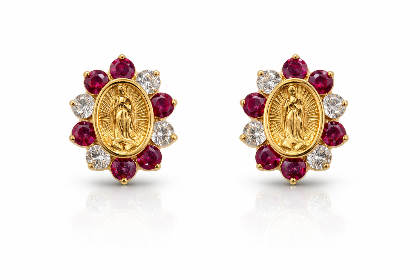 14K Yellow Gold Guadalupe Virgin Mary Screw Back CZ Stud Earrings