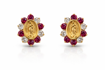 14K Yellow Gold Guadalupe Virgin Mary Screw Back CZ Stud Earrings