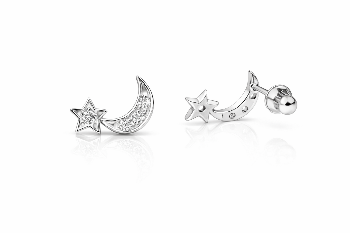 14k Yellow or White Gold Moon and Star Stud Earrings
