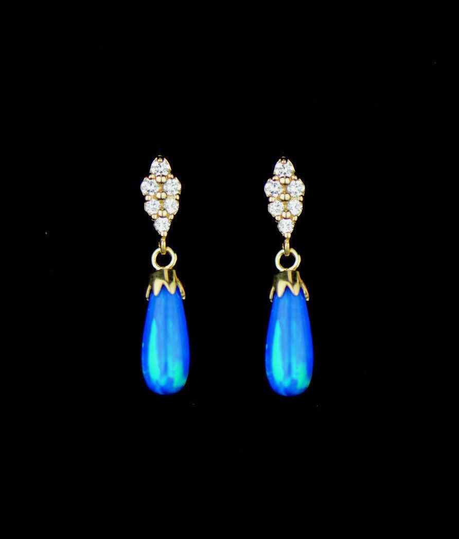 14k-Yellow Gold  Dangle Opal Cz Stud Earrings / Screw Back