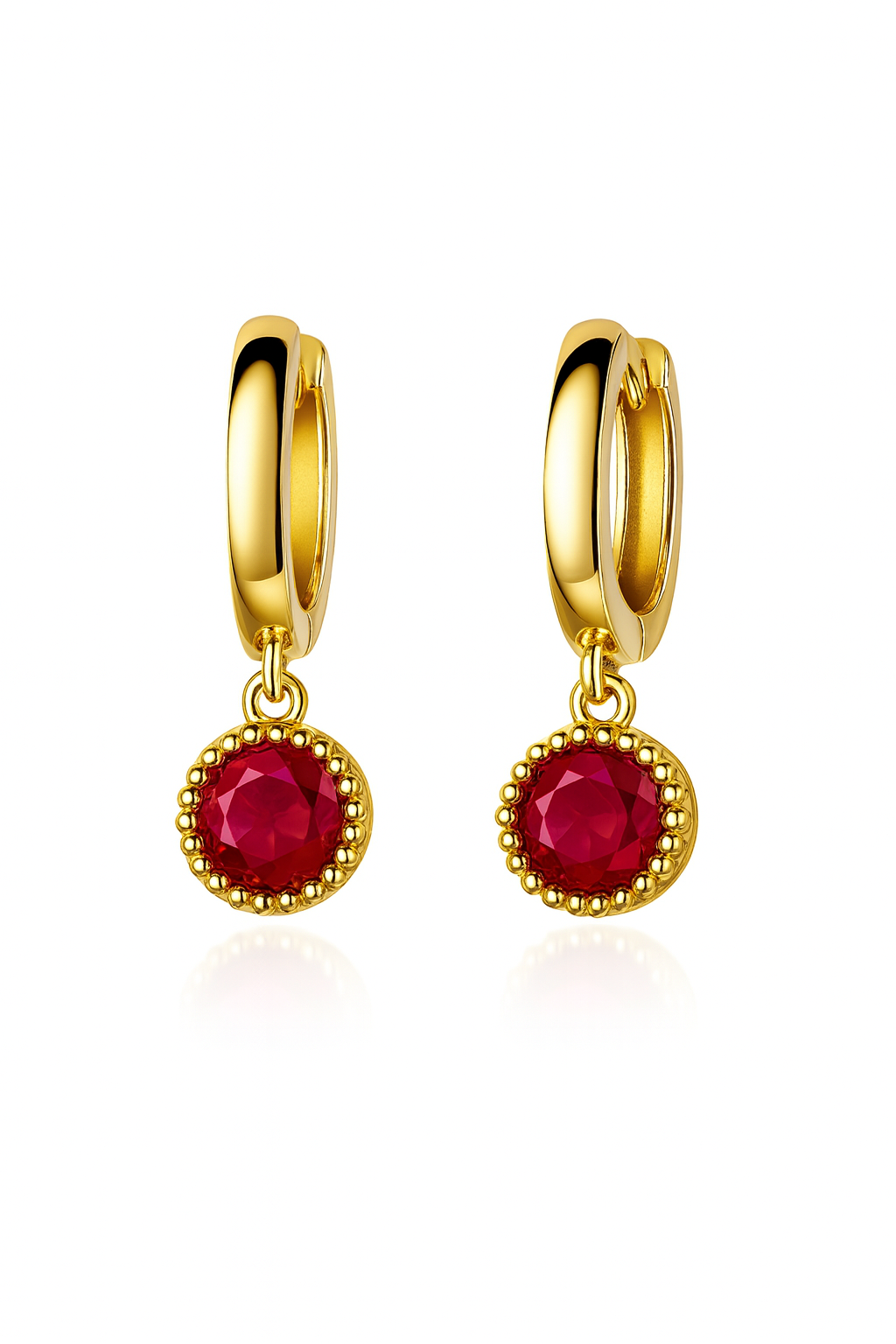 14k Yellow Gold Dangle Round Birthstone Huggie Earrings