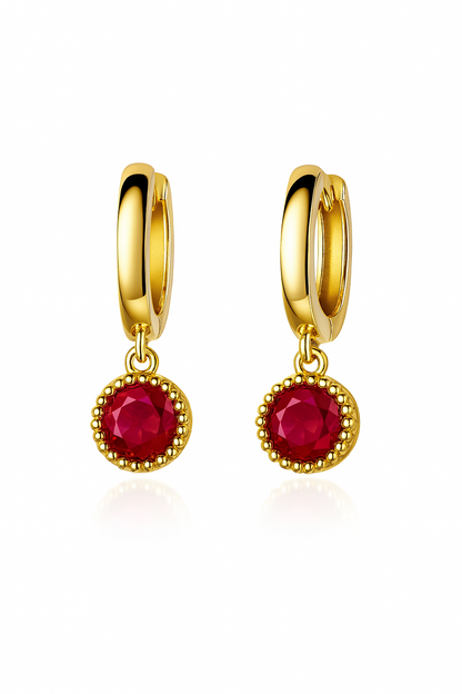 14k Yellow Gold Dangle Round Birthstone Huggie Earrings