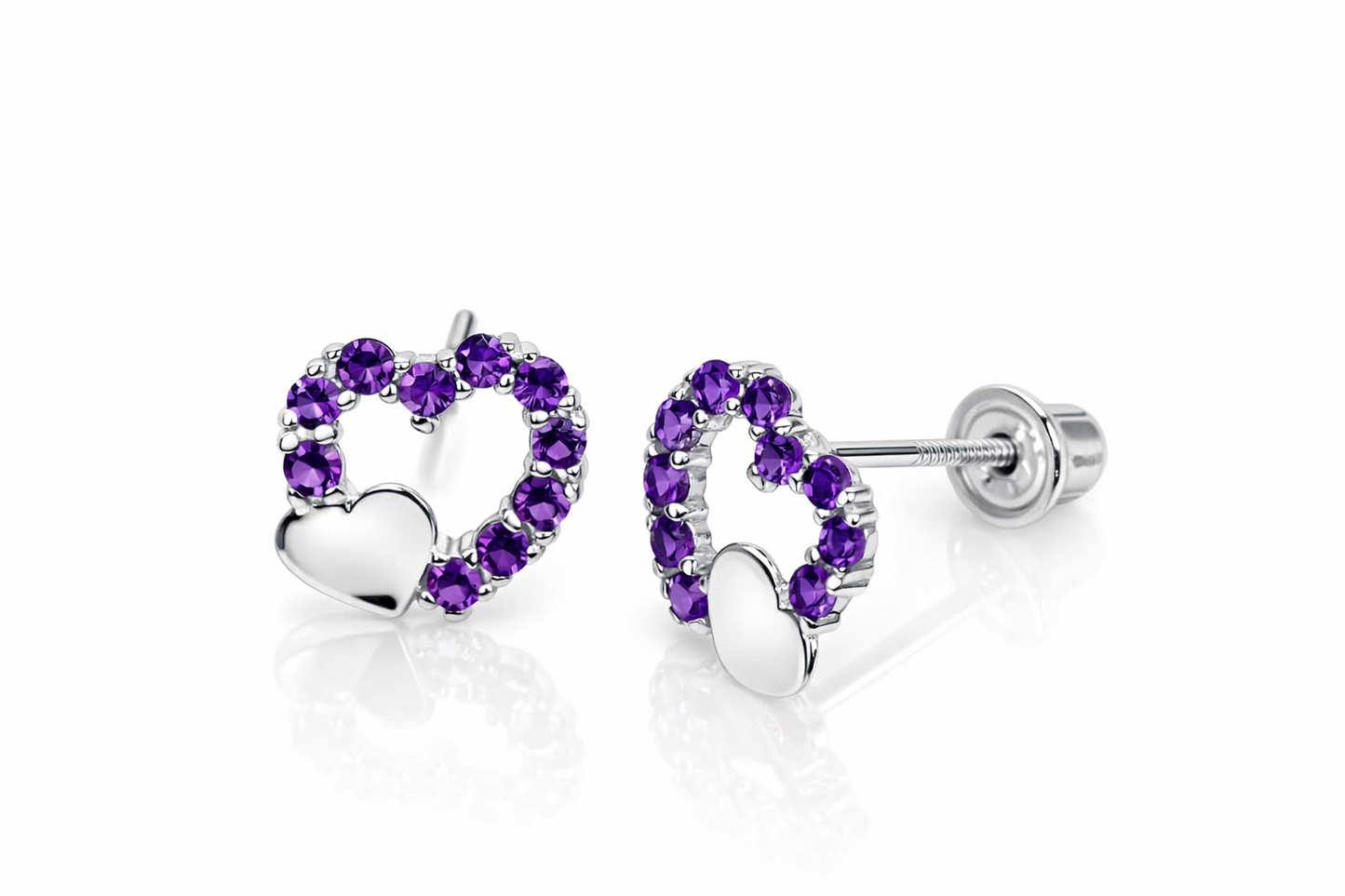 14K Yellow or White Gold Double Heart Stud Earrings with CZ  (Cubic Zirconia)