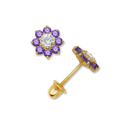 14K Yellow & White Gold Small Beautiful CZ Flower Stud Earrings for  Girls