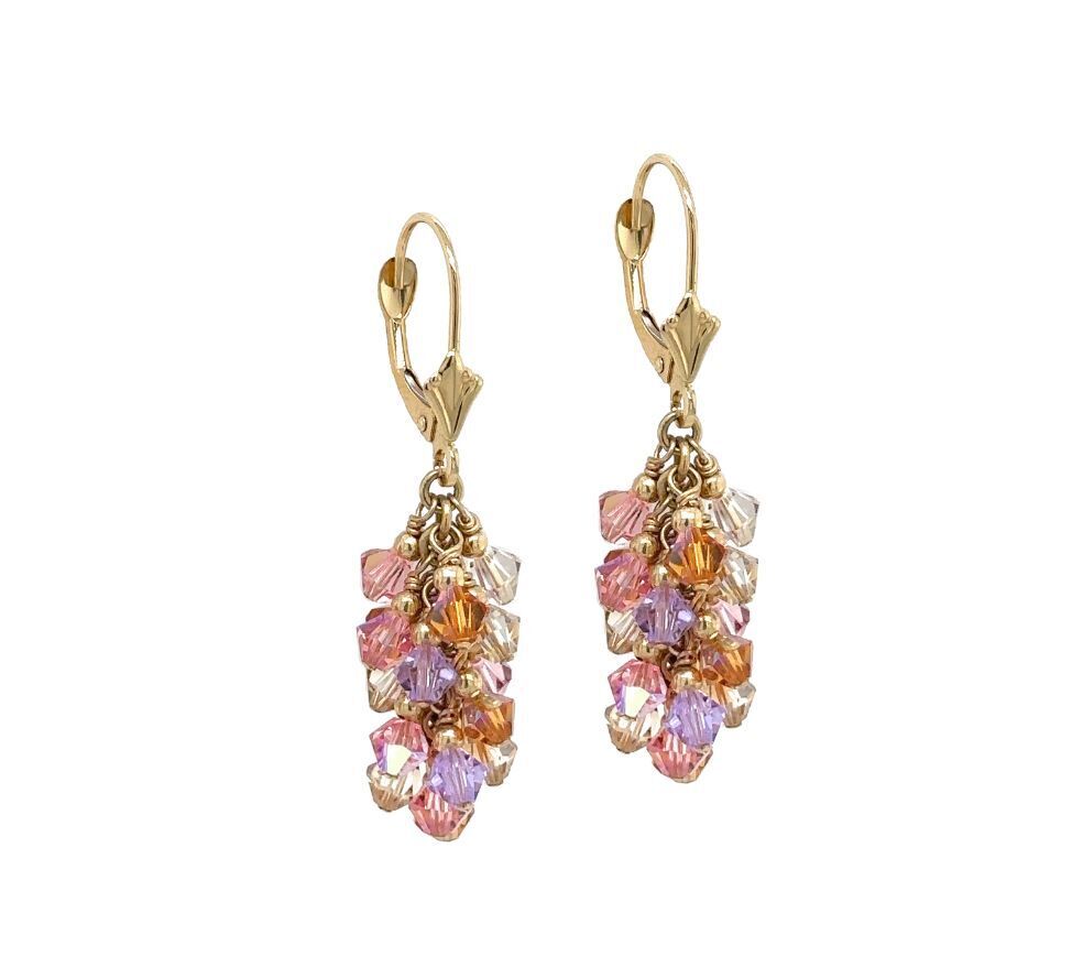 14k Yellow Gold Dangle Grape Leverback Earrings Made with Crystal from Swarovski