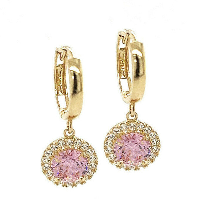 14k Yellow Gold Beautiful Halo Birthstone Round Shaped Huggie Earrings for Women
