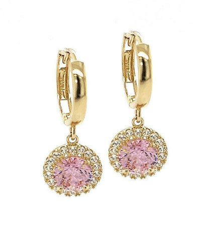 14k Yellow Gold Beautiful Halo Birthstone Round Shaped Huggie Earrings for Women