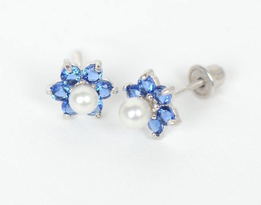 14k White Gold Flower CZ Stud Earrings White Pearl with Screw Back