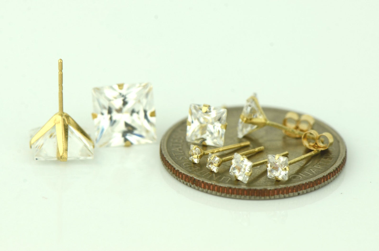 14K Yellow Gold Square Martini Prong Stud Earrings with Princess Cut CZ 2-8mm