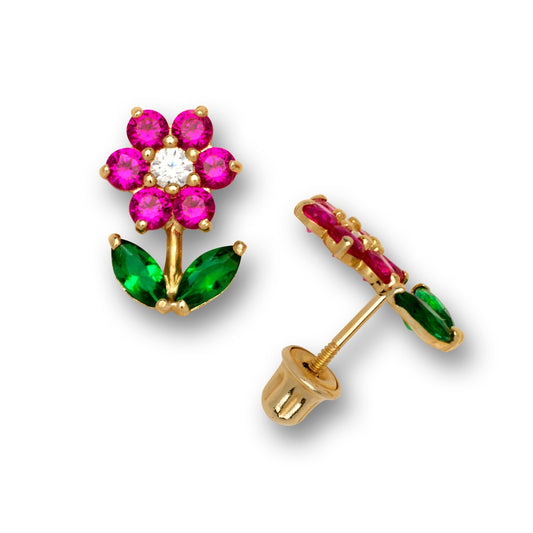14K Yellow Gold  Flower CZ Ruby Emerald Stud Earrings for Girls