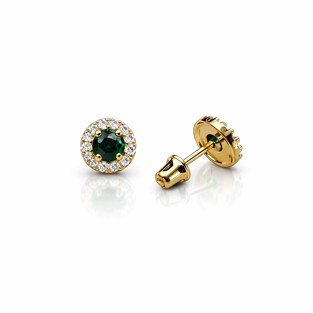 14k Yellow Gold Halo Stud Earrings with Screw  Back