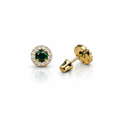 14k Yellow Gold Halo Stud Earrings with Screw  Back