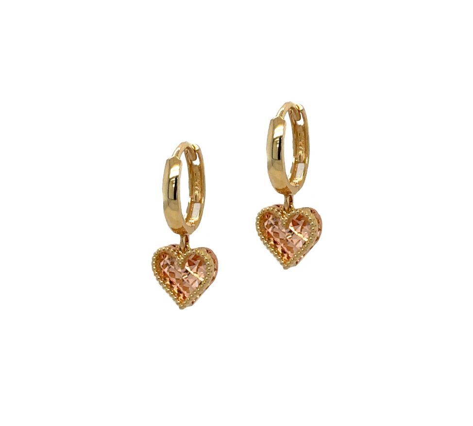 14k Yellow and Rose Gold Dangle Heart Hoop Huggie Earrings
