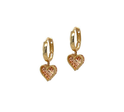 14k Yellow and Rose Gold Dangle Heart Hoop Huggie Earrings