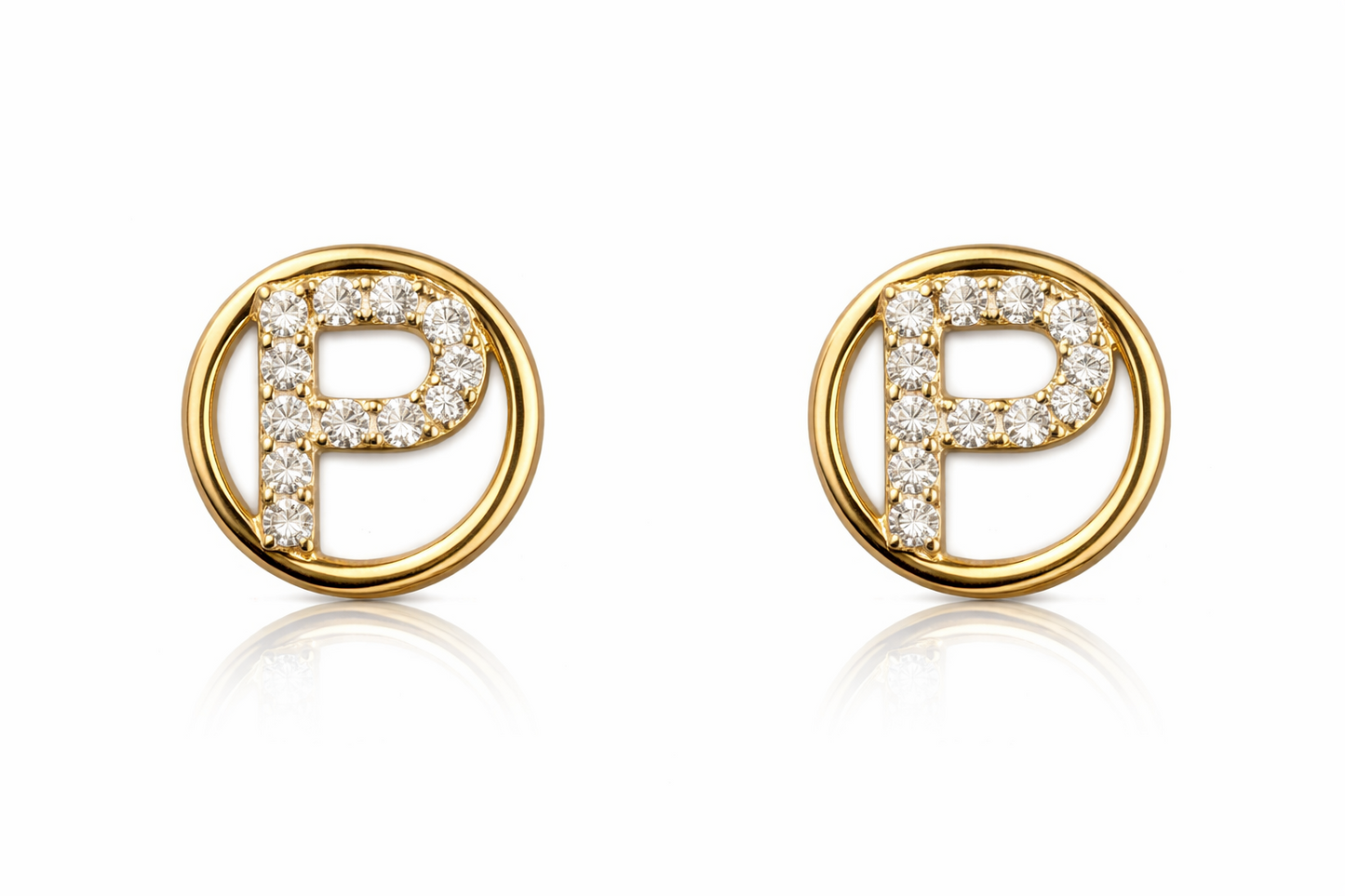 14k Yellow or White Gold Round Initial Letters CZ Stud Earrings
