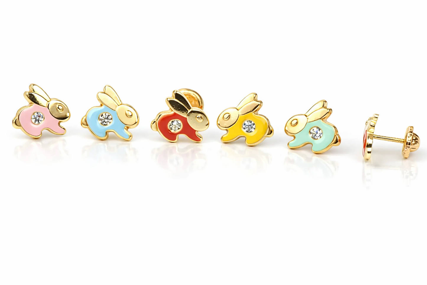 14k Yellow Gold Enamel CZ stud Rabbit screw back earrings