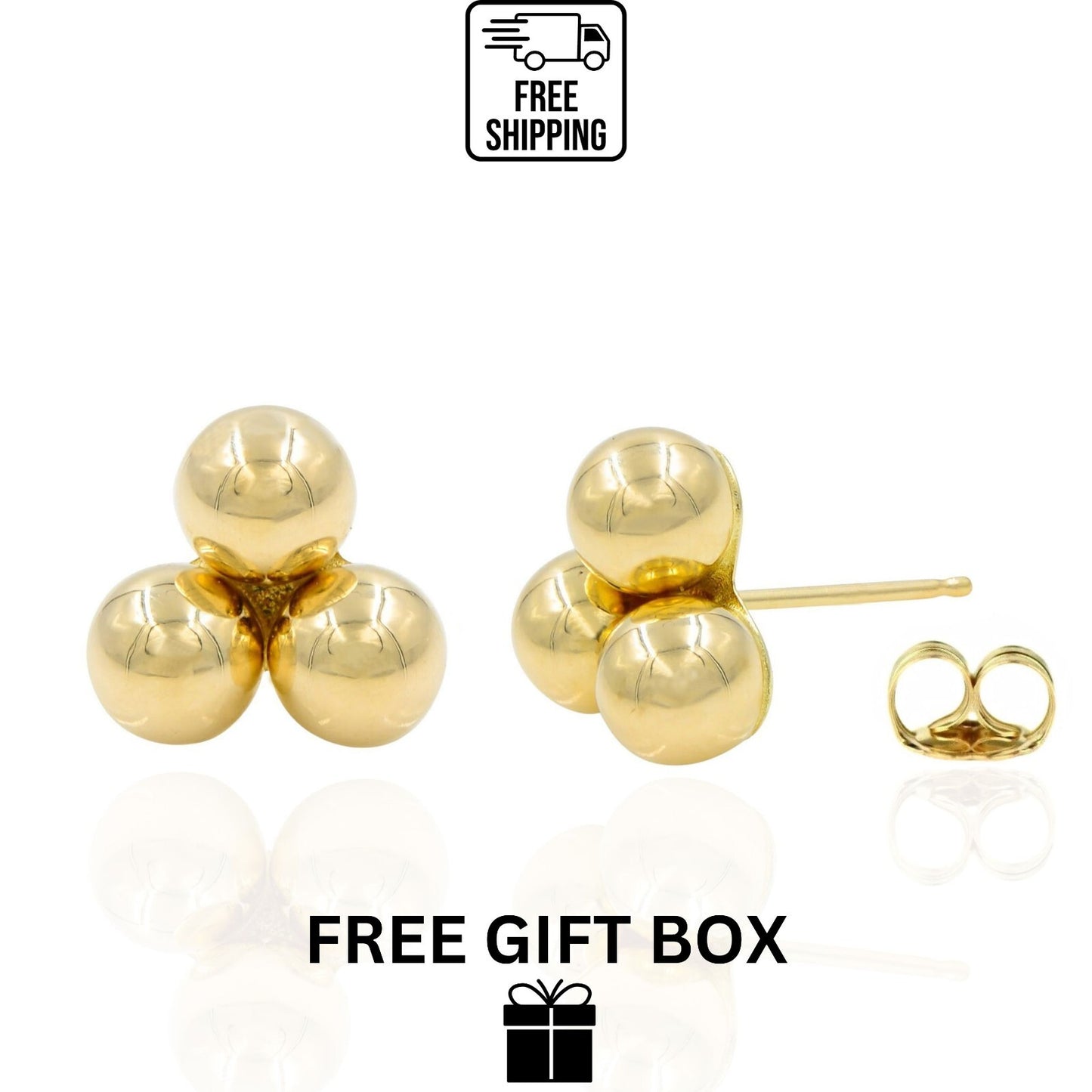14K Yellow Gold Triple Ball Push Back Earrings