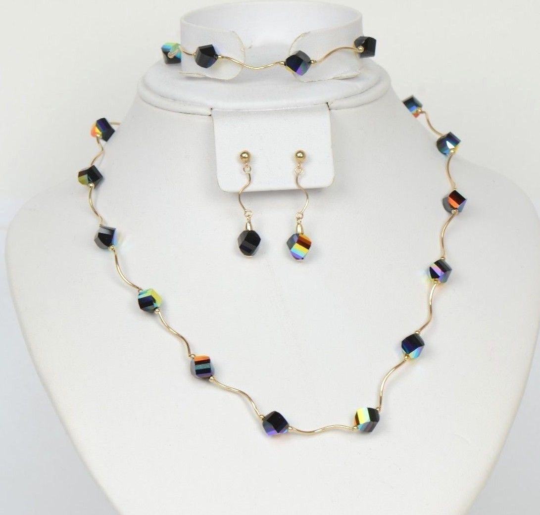 14kYellowGold GenuineSwarovski Crystal Element Beaded Necklace,Bracelet,Earrings